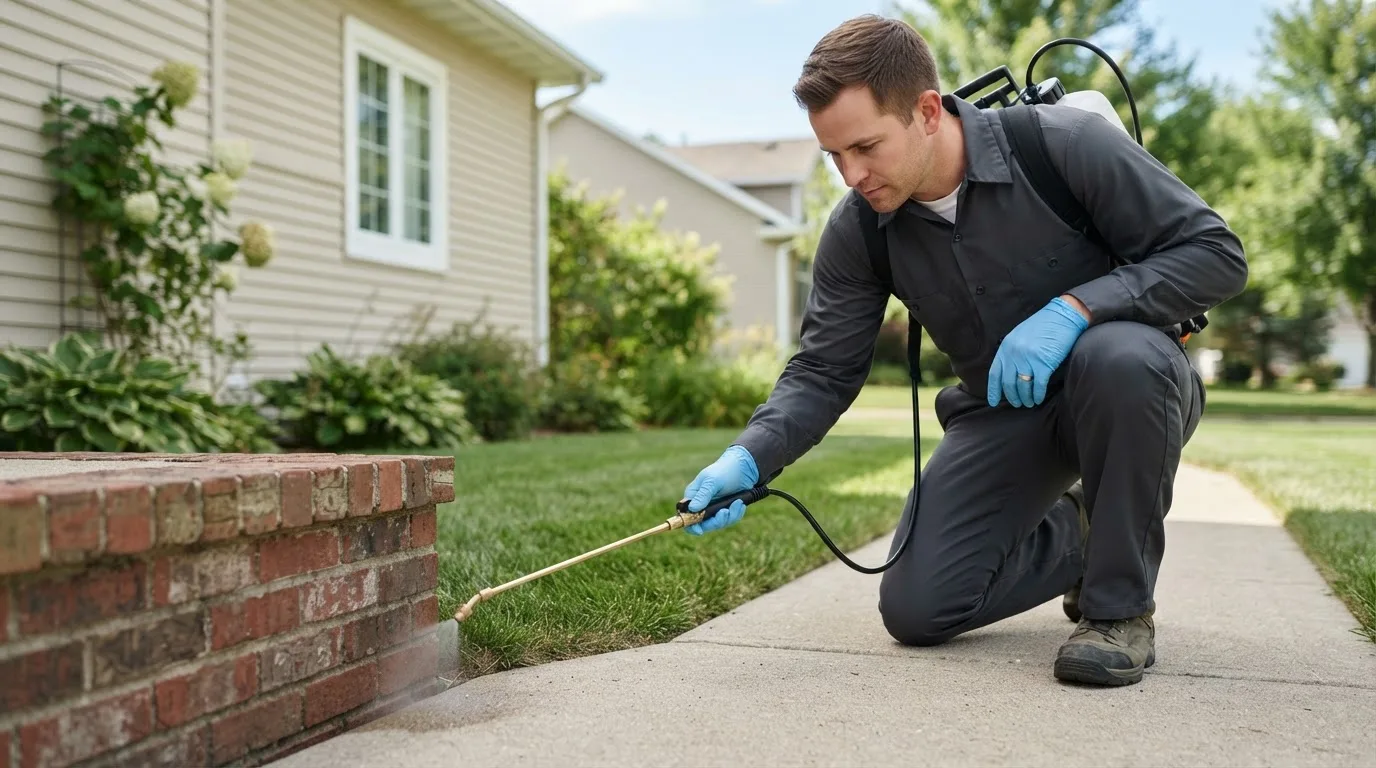 Pest control technician treating a home near Claflin, KS